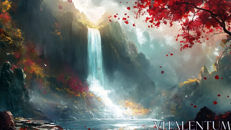 Whispering sapphire waterfall under drifting crimson leaves.