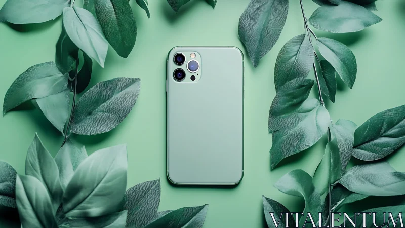 Mint smartphone centered amid stylized monochrome leaves.