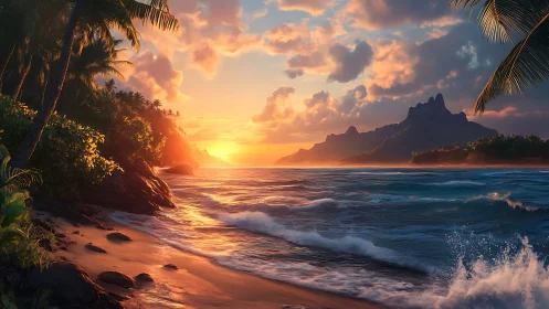 Tropical Sunset Beach with Mountain Peak and Palm Trees.