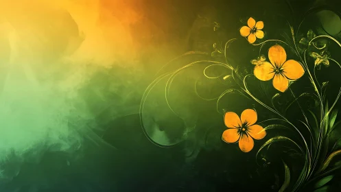 Rendered botanical illustration with parametric golden flowers on gradient background