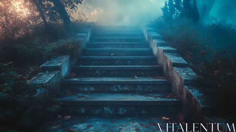 Mist-laden stone staircase in overgrown twilight woodland.