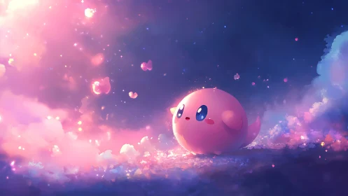 Celestial pink orb character observes glowing pastel nebula