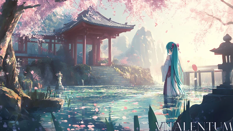 Cherry blossom shrine dream with teal-haired river wanderer.