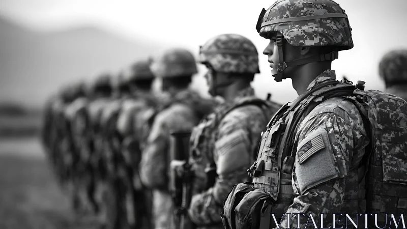 Monochrome line of modern infantry soldiers in tactical gear