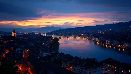 Twilight river city panorama under vivid cobalt skies.