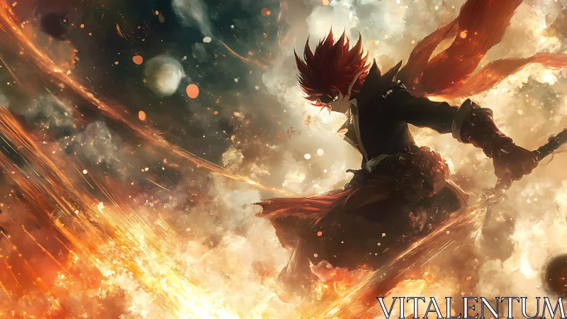 Fiery anime warrior leaping through explosive cosmic inferno.