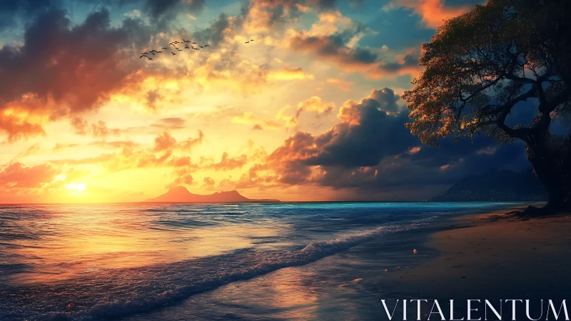 Sunset surf ignites tropical shoreline with molten light.