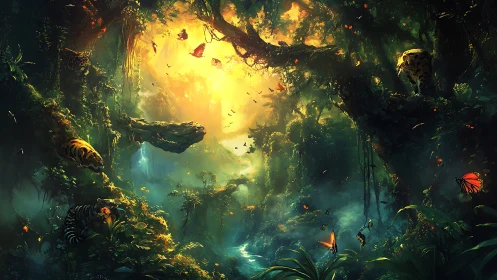 Subterranean Forest with Bioluminescent Canopy and Wildlife