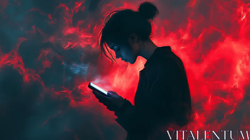 Silhouetted woman checks phone amid red digital smoke.