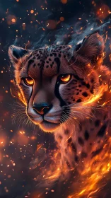 High-detail cheetah portrait engulfed in stylized volumetric fire effects