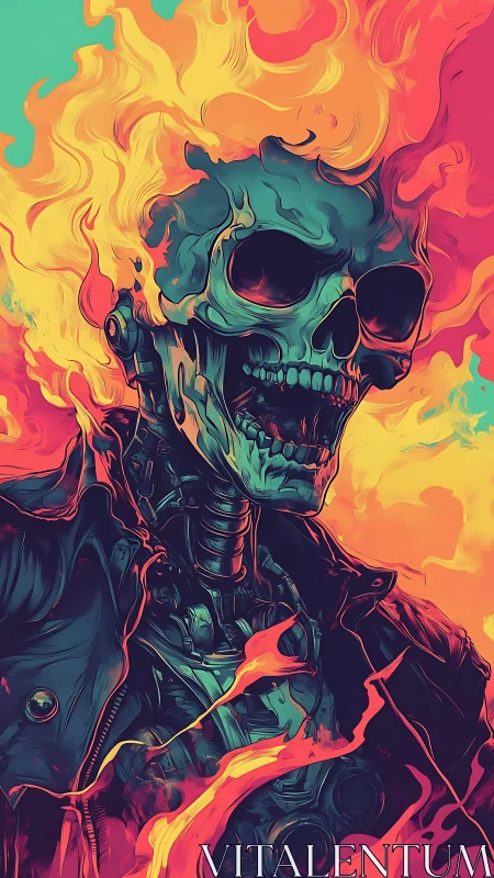 Flaming cybernetic skull in neon comic illustration.
