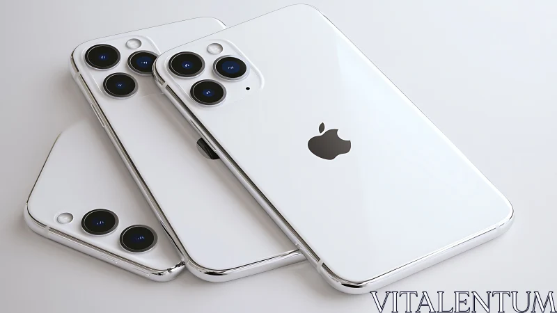 Three white iPhone models displayed at angles showing camera systems