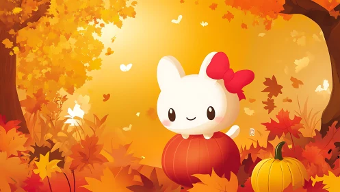 Kawaii white bunny on pumpkin in stylized autumn forest scene