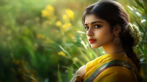 Optically rendered portrait of woman in sari amid bokeh flora.