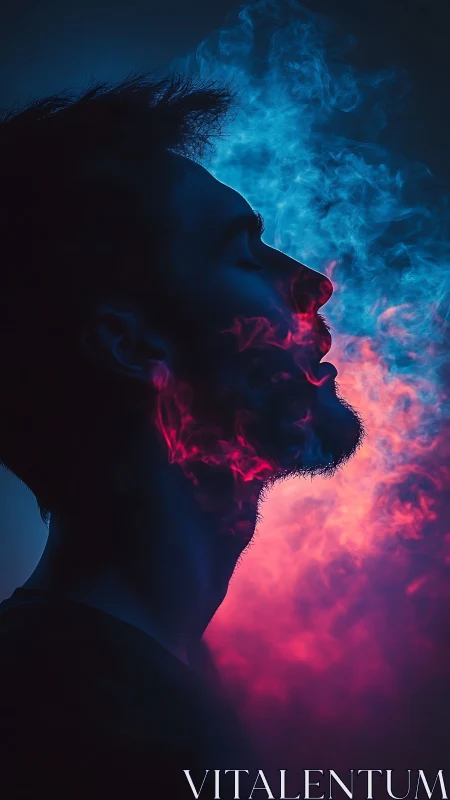 Silhouetted profile in neon smoke with ethereal color glow.