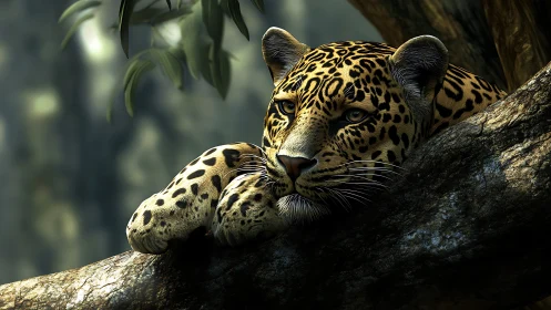 Resting leopard on mossy branch in soft forest bokeh light.