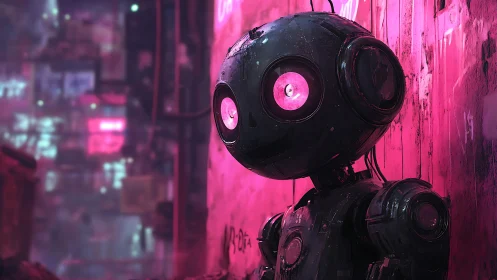 Small black robot in neon pink urban alley environment.
