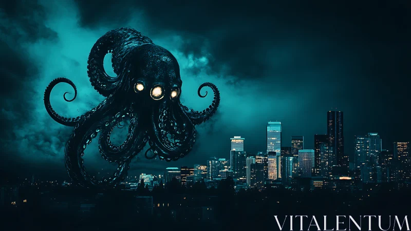 Colossal glowing-eyed octopus looms ominously above neon city