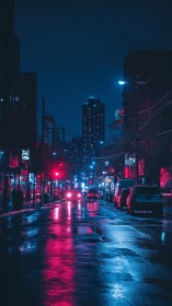 Moody neon city street glowing softly in the rainy night.