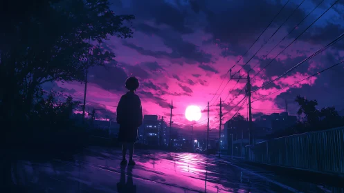 Solitary child watches neon twilight wash over the city street