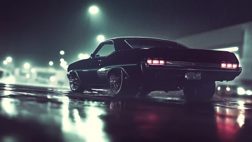 Midnight muscle car carves neon reflections through the rain