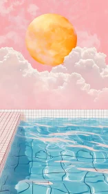 Surreal pastel pool under oversized golden sun sphere.