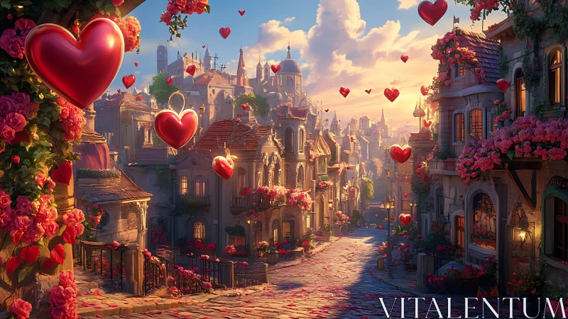 Medieval Fantasy Cityscape with Volumetric Red Heart Balloons and Floral Arrangements. Period.