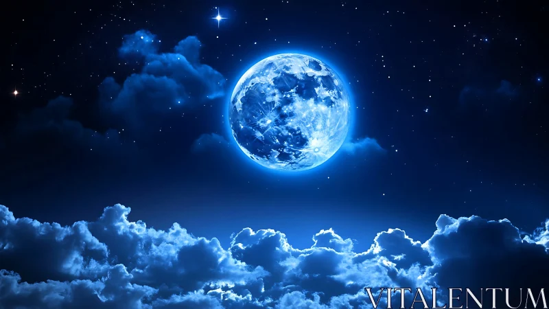Luminous blue moon rises over glowing nocturnal cloud sea.