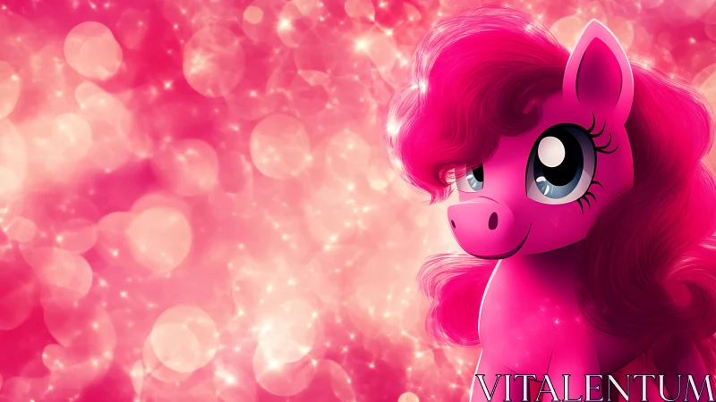 Pink cartoon pony with sparkling bokeh background.