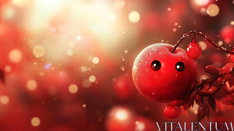 Red glossy fruit character hangs on branch in soft bokeh light