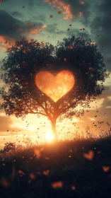 Heart-shaped tree trunk silhouette against sunset sky.