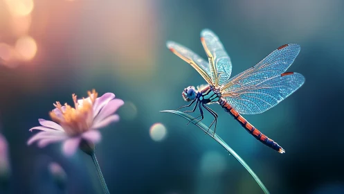 Macro view of dragonfly on grass beside soft pink flower.
