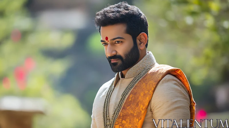 Portrait of a thoughtful Indian man in festive attire outdoors.