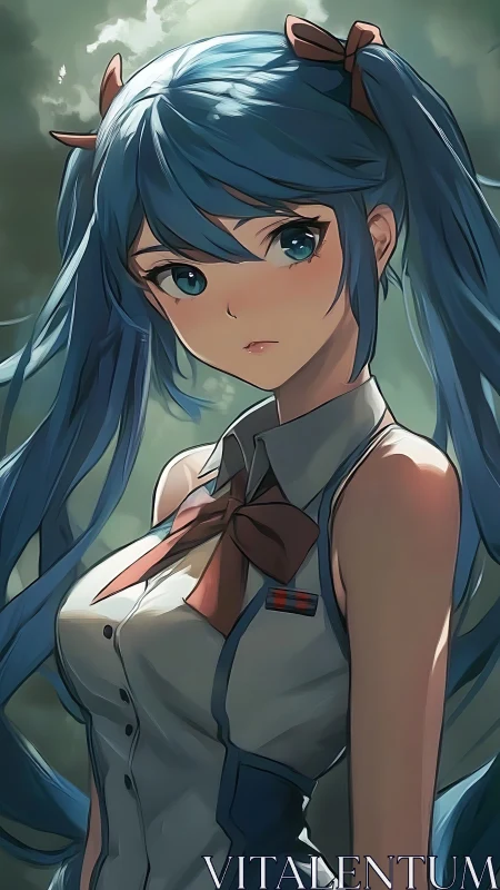 Blue haired anime girl stands under soft forest light.