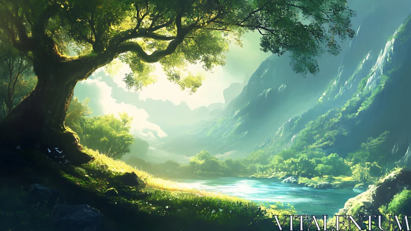 Sunlit river valley beneath ancient overhanging tree canopy