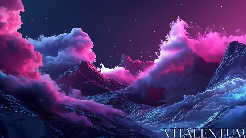 Neon lit mountains under dense pink and blue clouds.