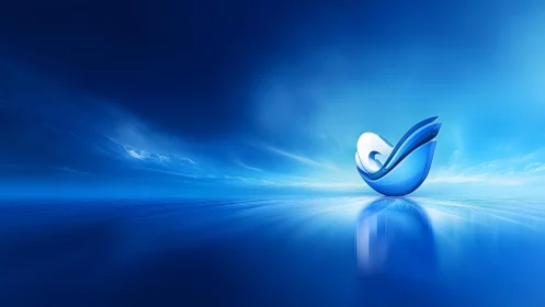 Abstract blue wave sculpture on reflective water, digital art style.