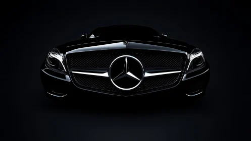 Glossy black luxury car grille emerges from deep shadow