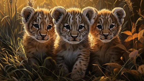 Three Young Lions Bathed in Golden Savanna Light
