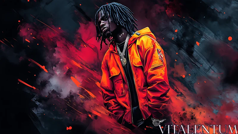 Hooded figure in orange jacket stands amid red smoke and sparks