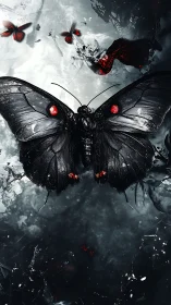 Obsidian butterfly with crimson accents in stormed void.