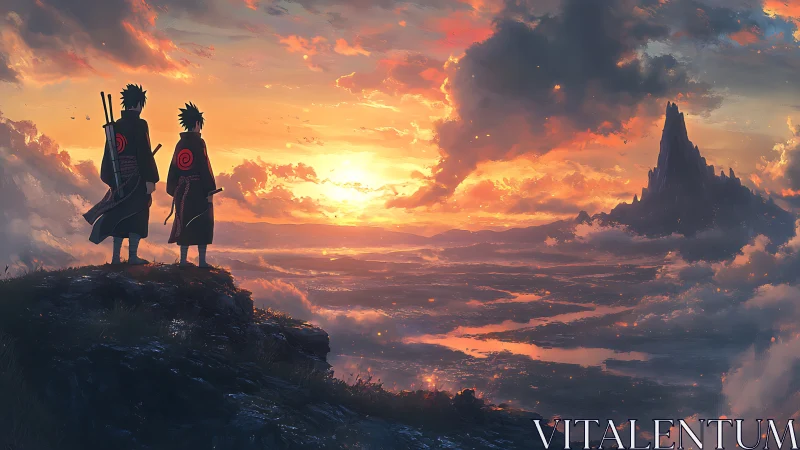 Two young wanderers share a glowing fantasy sunset horizon.