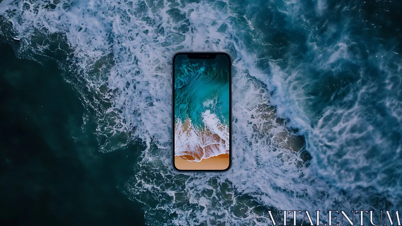 Phone adrift in teal surf, where ocean meets interface.