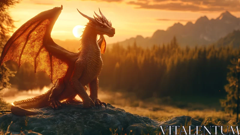 Sunlit dragon keeps golden watch over the mountain valley