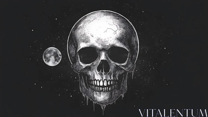 Lunar skull floats in starfield with stark monochrome contrast.