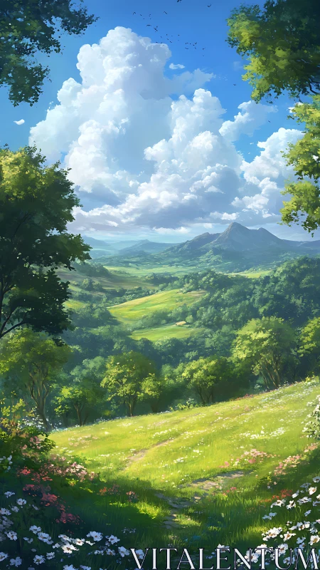 Sunlit wildflower valley under towering cumulus clouds.