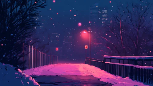 Neon-lit winter walkway under snow against distant skyline.