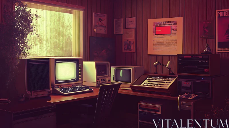 Retro computer and audio workstation in paneled study.