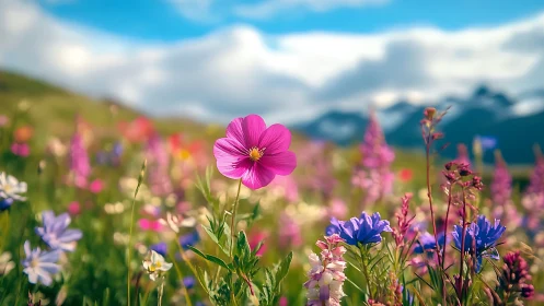 Alpine Wildflower Meadow in Full Bloom with Mountain Vista