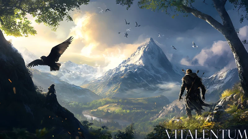 Solitary figure surveys alpine valley beneath central peak